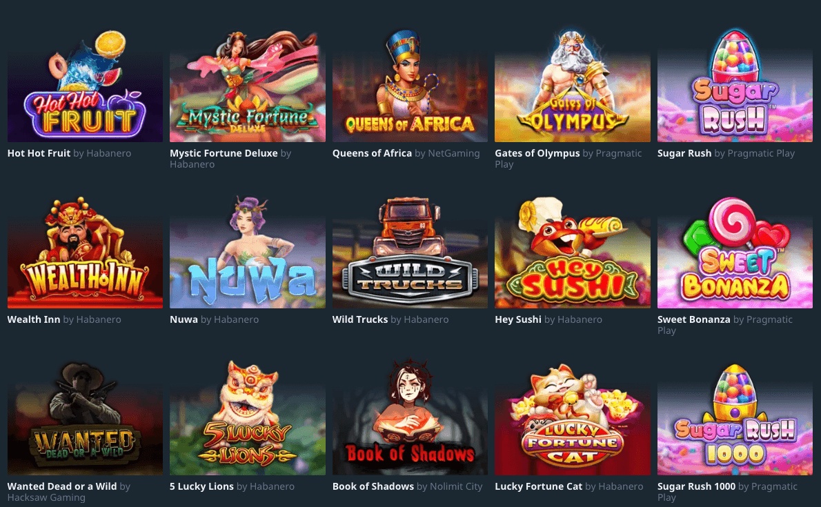 Screenshot of popular slots you can play on Casino Guru in SA for free